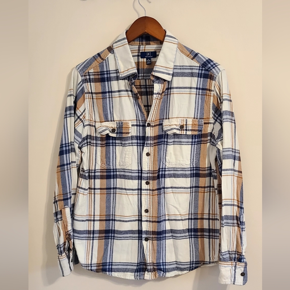 George Men's Plaid Flannel, Blue and Tan